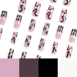 Press on Nails Square Medium Pink 24Pcs Glossy Full Cover Artificial Fake Nails with Heart Line Designs Reusable Coffin Acrylic False Nails Glue Stick on Fingernails with Charm for Women