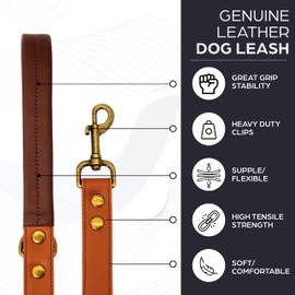 Leather Dog Leash - 4ft Heavy Duty Leather Leash for Dogs - Genuine Leather Dog Training Leash with Padded Handle - Stylish Pet Leash with Strong Metal Clip for Small, Medium, Large Dogs (Brown)