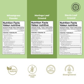 Pride of India | Energizing Superfood Pack 15.06 oz (426.94 gm) | Includes Moringa Leaf Ground, Wheatgrass Powder, Stevia Leaf Ground | Perfect for Green Smoothie, Pudding