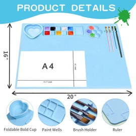 Silicone Painting Mat,20"X16"Large Silicone Art mat, Art Mat with Cup, Easy Clean up, Protects Surfaces Perfectly. for Paint, Color, Play with Clay/Play Dough.(Blue)