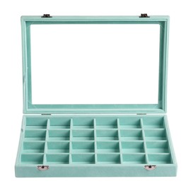 Frebeauty Velvet Jewelry Tray,24 Grid Jewelry Organizer with Clear Lid,Earring Holder Organizer with Clasp,Drawer Insert Rings Pendants Brooches,13.8 x 9.5 x 2 Inches,Gift for Women Girls(Turquoise)