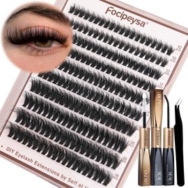 Focipeysa Fluffy Lash Clusters Kit D Curl Lashes Extensions Thick Volume Eyelash Clusters DIY Eyelash Extension with Lash Glue Lash Bond and Seal 10-16mm Fluffy Cluster Eyelash Extension DIY Lashes