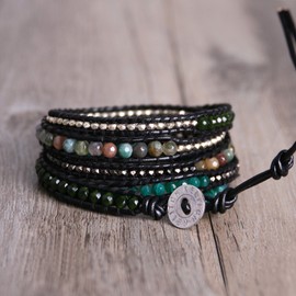 KELITCH 5 Wrap Metal Bead Bracelet Turquoise Bracelet Black Leather Adjustable Jewelry (Green)