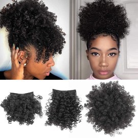 Afro Puff Drawstring Ponytail with Bangs Pineapple Updo Hair for African American Women,Short Kinky Curly Ponytail Bun with 2 Replaceable Bangs(#1B-Black)