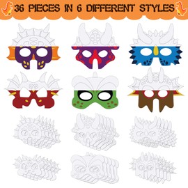 Woanger 36 Pieces Color Your Own Dinosaur Masks DIY Dinosaur Paper Masks Blank Graffiti Paper Masks Craft with Elastic Ropes for Boys Girls Cosplay Dinosaur Party Birthday Party Favors, 6 Designs