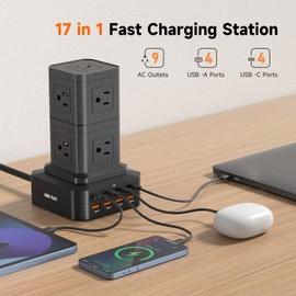 Charging Station (100W), 17-in-1 USB C Power Strip with Surge Protection, 6.6Ft Extension Cord, 4 USB C and 4 USB A Ports, 9 AC Outlets for Home Office Dorm Room