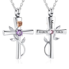 Cross Urn Necklace for Ashes Birthstone Rose Flower Cremation Jewelry for Women Gilrs Keepsake Memorial Ashes Pendant