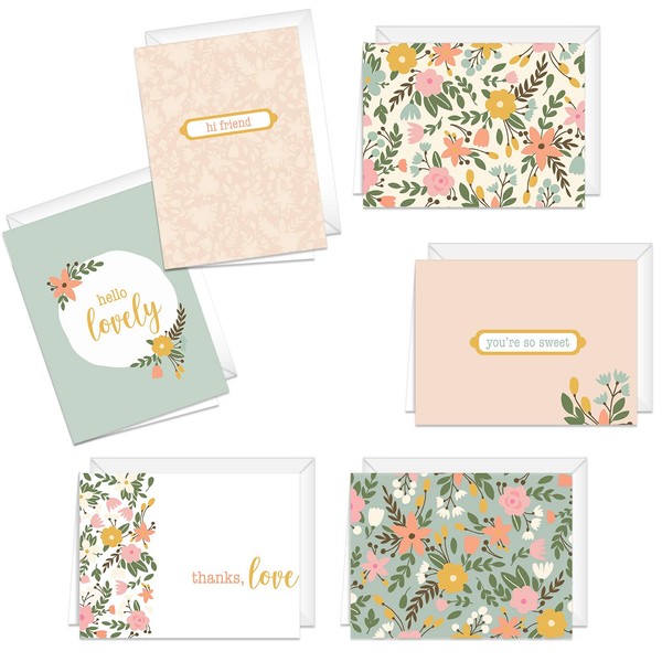 Hello Lovely Floral Cards / 24 All Occasion Adorable Greeting Cards With Envelopes / 6 Pastel Flower Designs / 3 1/2" x 4 7/8" Chic Feminine Note Card Set