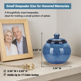 abooxiu Small Urns for Human Ashes Keepsake 3.93 Inch Mini Urn for Ashes Handcrafted Blue Glaze Ceramic Cremation Urn for Adult Female Male, Decorative Memorial Funeral Burial Urns for Home Display