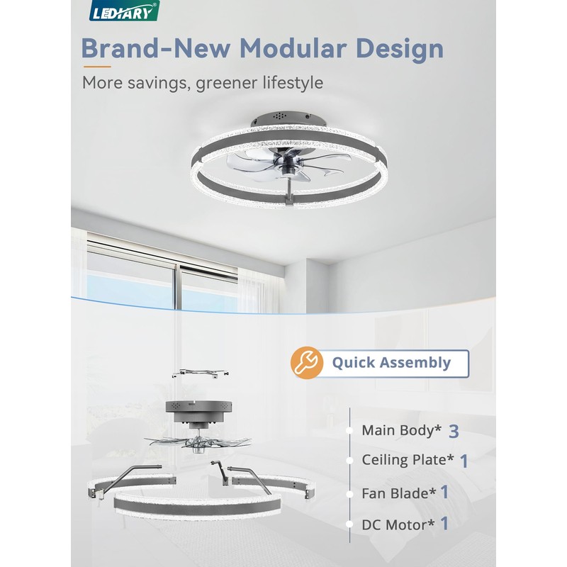 LEDIARY Ceiling Fans with Lights and Remote, 20'' Low Profile