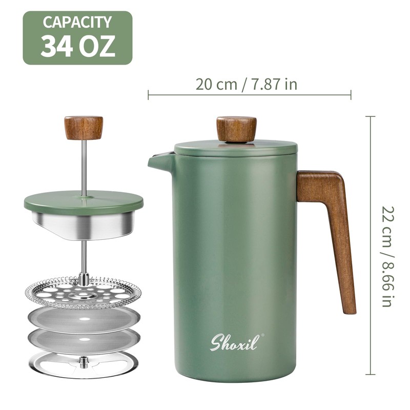 French Press Coffee Maker, 34oz Stainless Steel Green Coffee Press
