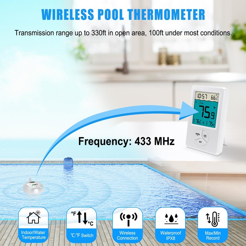 Urageuxy Pool Thermometer Floating Easy Read, IPX8 Wireless Floating Pool