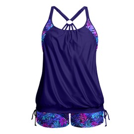 Holipick Plus Size Tankini Swimsuits for Women Two Piece Tummy Control Bathing Suit Blouson Tankini Top with Shorts, Blue Purple Leaves, 18 Plus