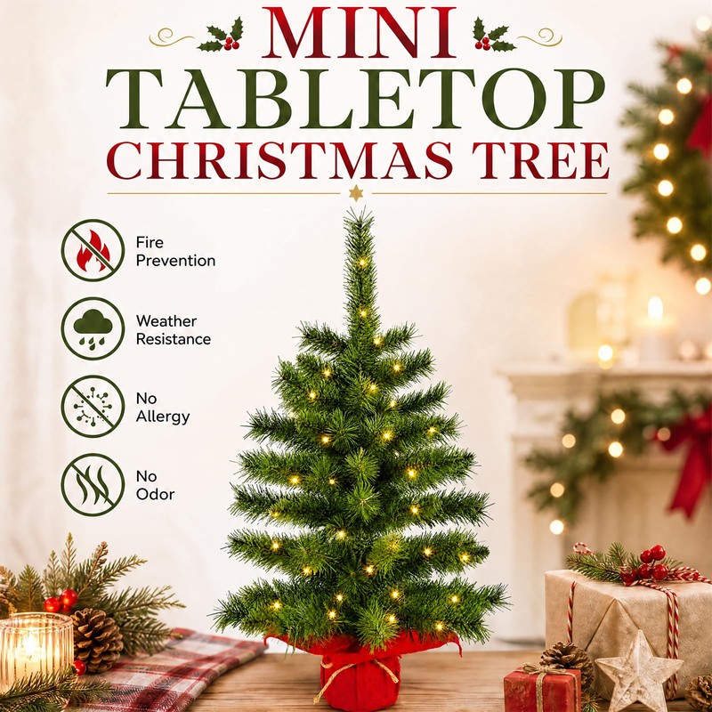 2ft Pre-lit Artificial Mini Christmas Tree,Small Xmas Tree