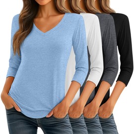 Ficerd 4 Pack Women's 3/4 Sleeve T Shirts, V Neck Casual Tunic Tops Loose Fit Cotton Shirts Solid Color Summer Tees(Black, White, Dark Mixed Gray, Light Blue,Medium)