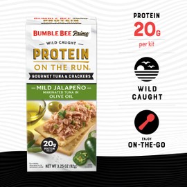 Bumble Bee Prime Protein on the Run Tuna Snack Kit - Gourmet Tuna Marinated in Olive Oil & Mild Jalapeno with Crackers and Serving Utensil - 20g of Protein Per Serving