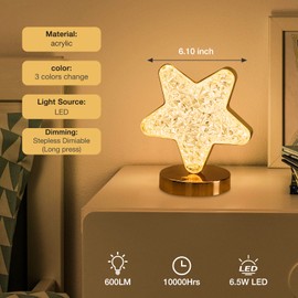 SupBri Star Lamp, Cute Night Light for Kids, Cordless Rechargeable Stepless Dimmable Touch Lamp with 3 Colors Modes for Living Room, Bedroom,Christmas Decorations