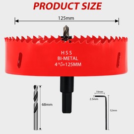 KACNON Hole Saw 125 mm, Universal High-Speed Steel HSS M42 Bi-Metal Hole Saws with Hex Shank and Drill, Complete Sizes, for Wood, Plastic, Plasterboard, Sheet Metal, Red