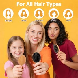 Mini cepillo de pelo, cepillo de pelo de cerdas de jabalí pequeño para mujer, regalo - Pequeño cepillo compacto portátil para niñas, niños y mujeres, 