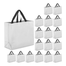 sourcing map 18pcs Reusable Gift Bags, Silver Tote Glossy Grocery Shopping Bag with Handles for Birthday Parties, Wedding, Christmas - 13"x10.6"x5.1"