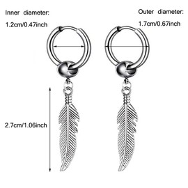 Kawailay 2 Pairs Feather Huggie Hoop Earrings Gothic Feather Earrings Studs Punk Rock Hip Hop Dangle Drop Earrings for Men Women - Silver and Black Style 1