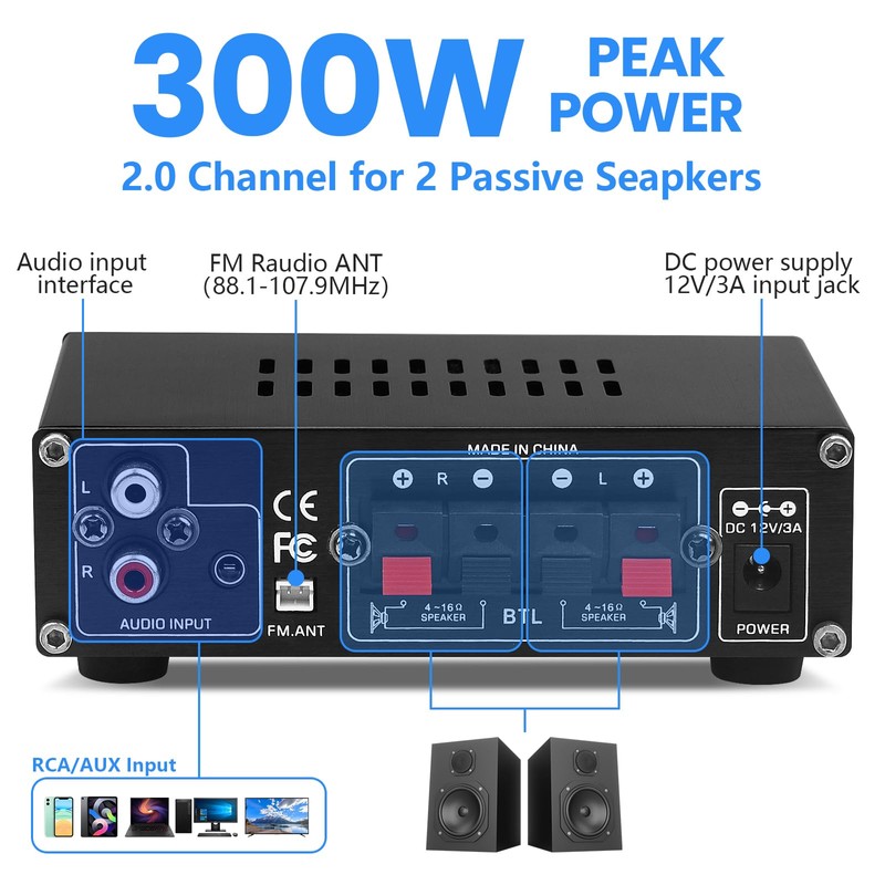 Bluetooth HiFi Amplifier AS-22 2.0 Channel Mini Stereo Audio Amplifier