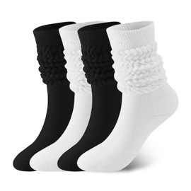 HAGOT Women's Slouch Knee Socks, Long Socks, Cotton Leg Warmers, Slouchy Socks, Black + white, One size fits all