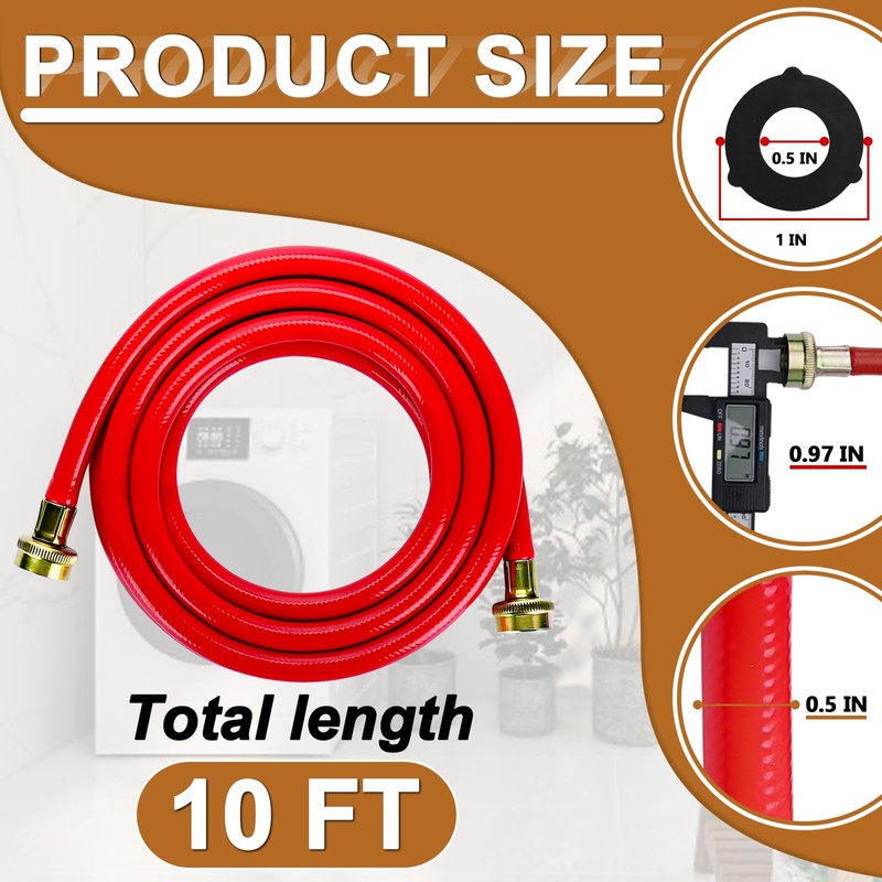 10FT Rubber Washing Machine Hoses Burst Proof 2 Pack For