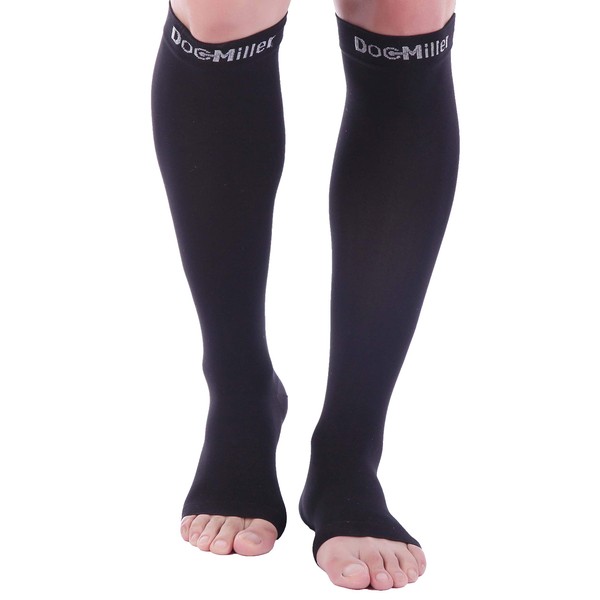 Doc Miller Open Toe Compression Socks Women and Men, Toeless Compression Socks Women, Support Circulation Shin Splints and Calf Recovery, Varicose Veins, 1 Pair Black Knee High, Large, 20-30mmHg