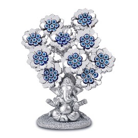 Evil Eye Flowers Lucky Tree with Silver Ganesha Hindu Elephant God Statue Home Office Feng Shui Protection Ornament Blessing Gift