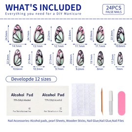 3D Butterfly Wing Press On Nails Almond - 24PCS Pink Iridescent Medium Fake Nails with Design, Glossy Reusable Stick On Nails for Women, Cute Nail Art for DIY, Party, Daily Wear