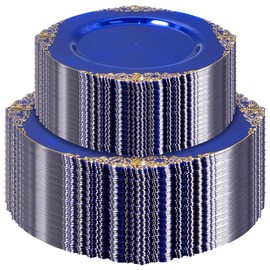102pcs Blue Plastic Plates with Gold Rim, Disposable Party Plates, Include 51pcs 10.25inch Dinner Plates, 51pcs 7.5inch Dessert Plates, Table Decorations for Wedding Birthday Christmas Parties