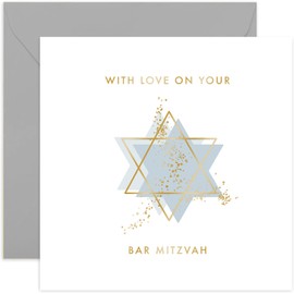 Old English Co. Classy Bar Mitzvah Card for Boys - Blue Modern Gold Foil Bar Mitzvah Design Greeting Card for Boy - Gold Star of David Card for Him - Good Luck Congratulations | Blank Inside
