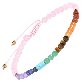 mookaitedecor Love Morse Code 7 Chakra Rose Quartz Healing Crystal Stone Bracelet for Women Men, 4mm Flat Small Beads Pink Semi Precious Stone Yoga Bracelet Jewellery Adjustable Reiki Energy Healing