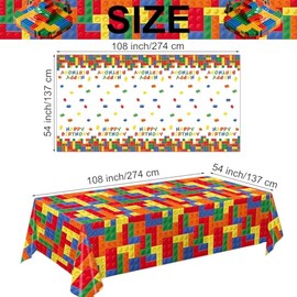 LINHAXM 4 Pack Building Block Party Tablecloths, Colorful Blocks Bricks Disposable Plastic Table Covers for Kids’ Block-Themed Birthday Party Supplies, 54 × 108 Inches