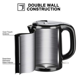 Secura Stainless Steel Double Wall Electric Kettle Water Heater for Tea Coffee w/Auto Shut-Off and Boil-Dry Protection, 1.0L (Black) SWK-1001DB/HB-K012