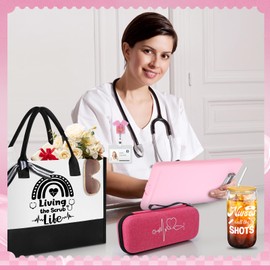 Teenyyou 7 Pcs Nurse Gift for Women Nursing Graduation Gift Set Include Nurse Tote Bag Stethoscope Case Ballpoint Pen Badge Reel Nurse Clipboard Glass Coffee Cup Keychain(Pink,Cute Style)