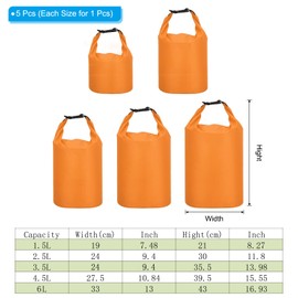 PATIKIL Waterproof Dry Bags, 5 Pack Portable Dry Sack Roll Top Bag Lightweight Dry Storage Bag for Gym Kayaking Hiking Swimming Camping, Orange, (1.5L, 2.5L, 3.5L, 4.5L, 6L)