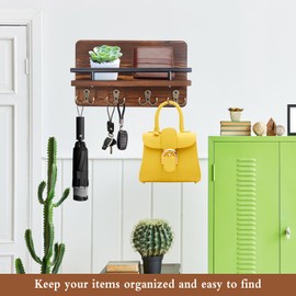 JYUHA Wooden Key Hooks for Wall, Wall Mounted Key Hangers with 4 Double Hooks, Wooden Key Holder with Shelf, Rustic Wooden Key Rack for Hallway Entryway Bedroom (Brown)