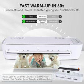 Laminator 13 Inch A3 Laminator Machine, 9 in 1 Desktop Thermal Laminator Never Jam 40 Laminating Pouches, Paper Trimmer and Corner Rounder, 1Min Fast Warm-Up Home Office School Use, Pure White