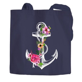 Autiga® Jute Bag Flower Anchor Flower Anchor Shoulder Bag Shopping Bag Shopping Bag Navy 2 Long Handles