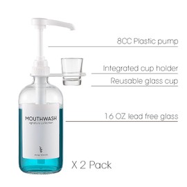 Onsogi Glass Mouthwash Dispensers with Cup Holders and Pumps, 16 Oz Rustic Boho Mouthwash Dispensers for Bathroom Farmhouse Decor - 2 Pack Clear