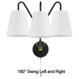 PASSICA DECOR Set of 2 Swing Arm Wall Sconce Modern Lamp with Pull Chain ON Off Industrial 2 Pack White Fabric Wall Light Bedroom Bathroom Reading Farmhouse