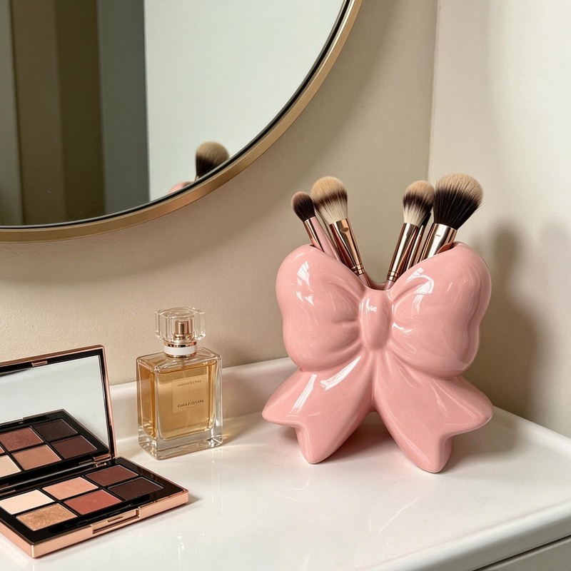 Pink Bow Ceramic Toothbrush Holder, Coquette Bow Vase Multi-Purpose Storage