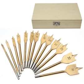 SagaSave 13 Piece High Speed Spade Drill Bit Set for Wood, Soft and Hardwood, Plasterboard, Clinker, Foam Box, Gold