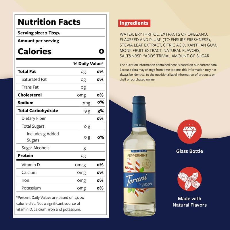 Torani Zero Sugar Puremade Syrup, Peppermint Flavoring for Drinks, Glass