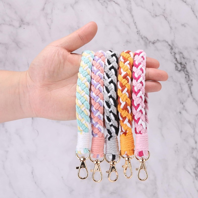 [PATIKIL] マクラメキーチェーン 手作りリストレットブレスレットキーチェーンキーリングホルダーキーリストランヤード 女性用 ライトブルーイエロー