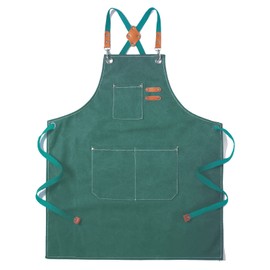 Tosewever Canvas Cross Back Chef Cotton Aprons for Men Women with Large Pockets (Green)