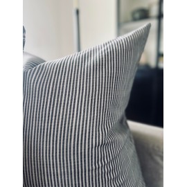 Pillow Covers Linen Lightweight 24 x 24 Inches Double Sided Block Print with Zipper for Easy Removal Home Decor Shabby Chic Farmhouse Neutral Sofa Couch Accent (Stripe Grey Cream)