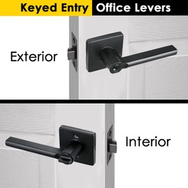 HISAFE Exterior Door Handle Solid Keyed Entry Black Door Handle with Slim Square Lever for Front Door and Office, Heavy Duty, 1Pack X-HD1601-DB-ET